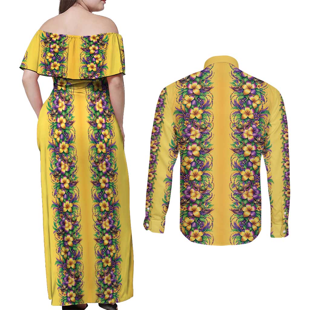 Aloha Hawaii Mardi Gras Couples Matching Off Shoulder Maxi Dress and Long Sleeve Button Shirt Gold Style LT05 - Polynesian Pride