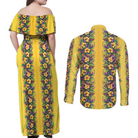 Aloha Hawaii Mardi Gras Couples Matching Off Shoulder Maxi Dress and Long Sleeve Button Shirt Gold Style LT05 - Polynesian Pride