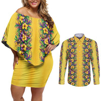 Aloha Hawaii Mardi Gras Couples Matching Off Shoulder Short Dress and Long Sleeve Button Shirt Gold Style LT05 Gold - Polynesian Pride