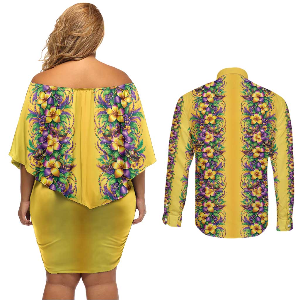 Aloha Hawaii Mardi Gras Couples Matching Off Shoulder Short Dress and Long Sleeve Button Shirt Gold Style LT05 - Polynesian Pride