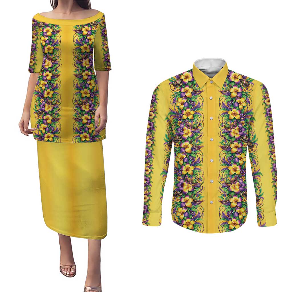 Aloha Hawaii Mardi Gras Couples Matching Puletasi and Long Sleeve Button Shirt Gold Style LT05 Gold - Polynesian Pride