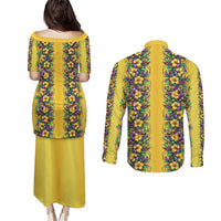 Aloha Hawaii Mardi Gras Couples Matching Puletasi and Long Sleeve Button Shirt Gold Style LT05 - Polynesian Pride
