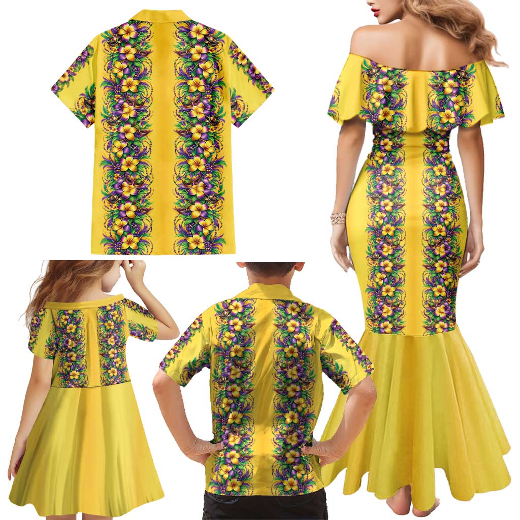 Aloha Hawaii Mardi Gras Family Matching Mermaid Dress and Hawaiian Shirt Gold Style
