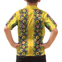Aloha Hawaii Mardi Gras Family Matching Off The Shoulder Long Sleeve Dress and Hawaiian Shirt Gold Style
