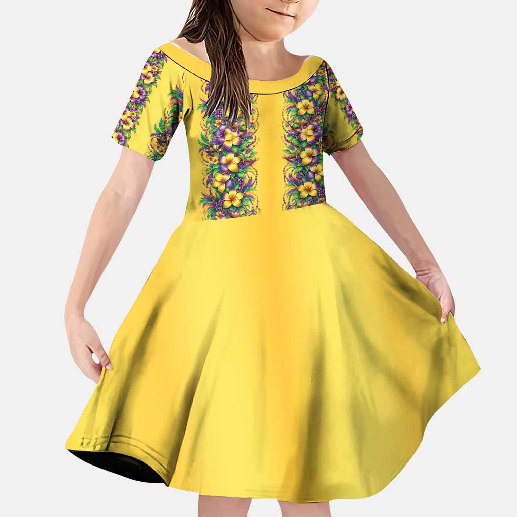 Aloha Hawaii Mardi Gras Family Matching Off The Shoulder Long Sleeve Dress and Hawaiian Shirt Gold Style