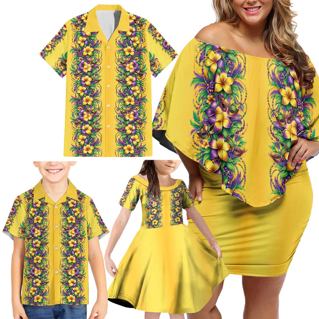Aloha Hawaii Mardi Gras Family Matching Off Shoulder Short Dress and Hawaiian Shirt Gold Style LT05 - Polynesian Pride