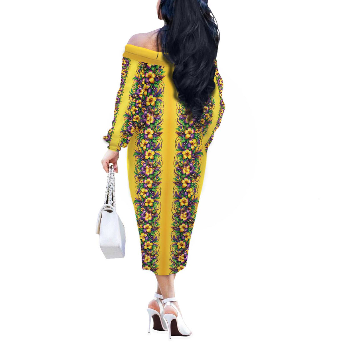 Aloha Hawaii Mardi Gras Off The Shoulder Long Sleeve Dress Gold Style LT05 - Polynesian Pride