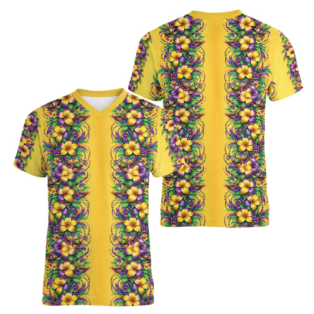Aloha Hawaii Mardi Gras Women V-Neck T-Shirt Gold Style LT05 - Polynesian Pride