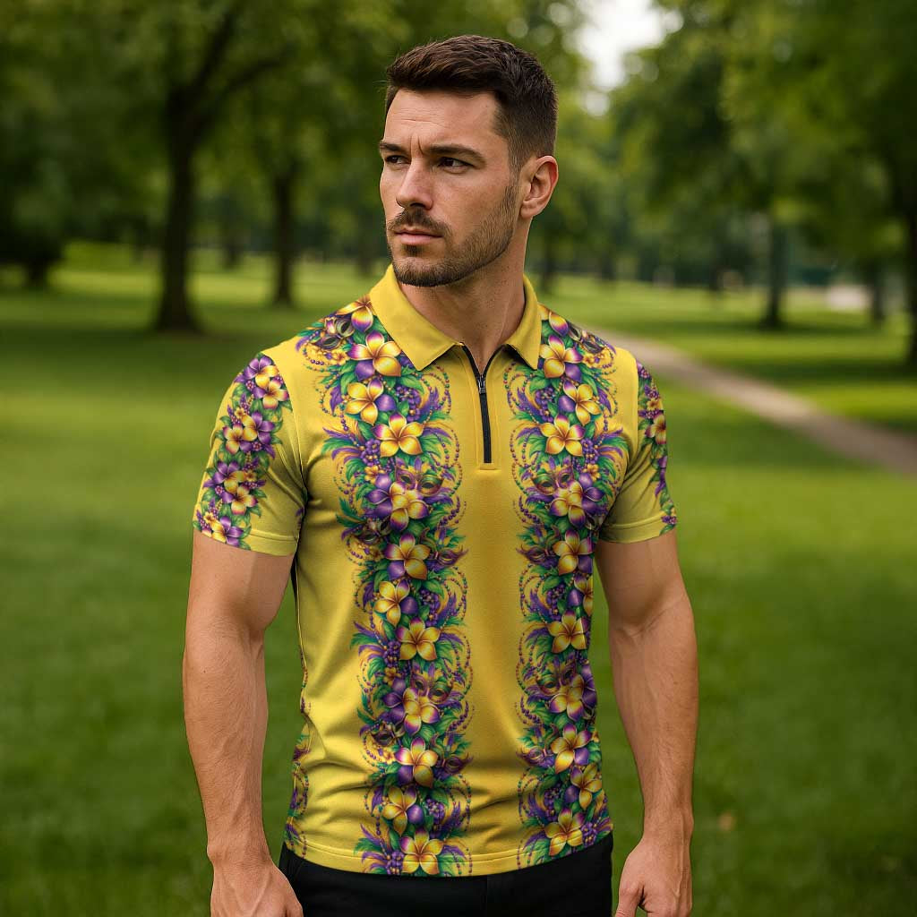 Aloha Hawaii Mardi Gras Zipper Polo Shirt Gold Style LT05 - Polynesian Pride