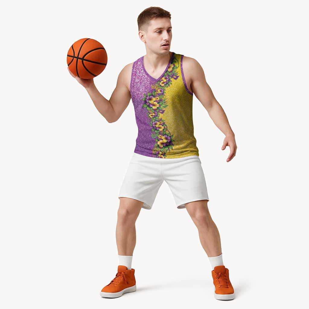 Hawaii Mardi Gras Basketball Jersey Plumeria Lei Beads Glitter Style LT05 - Polynesian Pride
