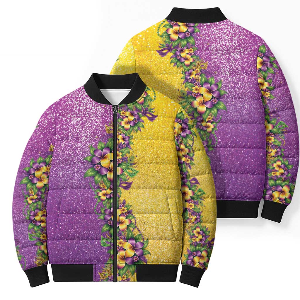Hawaii Mardi Gras Bomber Puffer Jacket Plumeria Lei Beads Glitter Style LT05 - Polynesian Pride