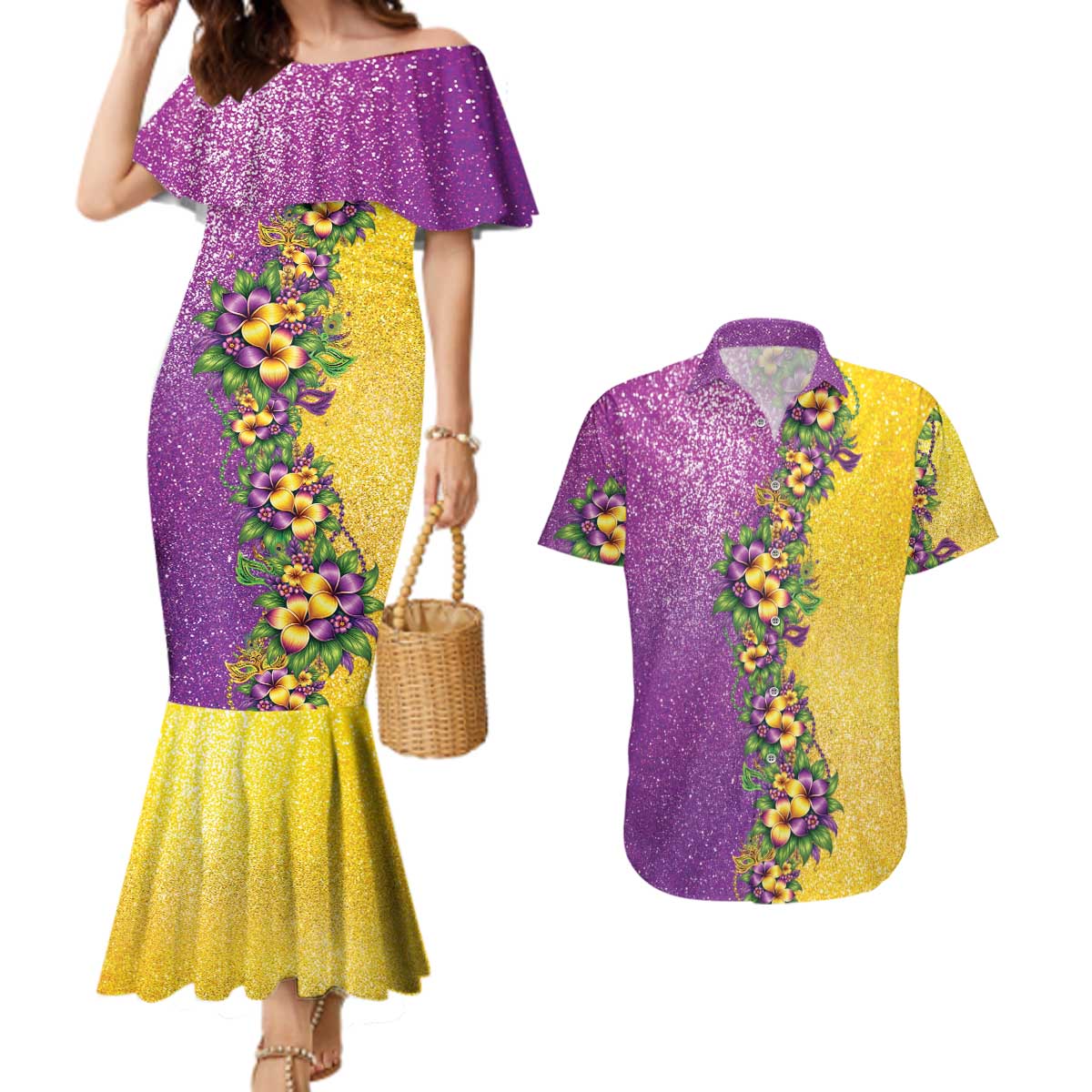 Hawaii Mardi Gras Couples Matching Mermaid Dress and Hawaiian Shirt Plumeria Lei Beads Glitter Style LT05 Colorful - Polynesian Pride
