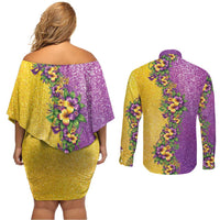 Hawaii Mardi Gras Couples Matching Off Shoulder Short Dress and Long Sleeve Button Shirt Plumeria Lei Beads Glitter Style LT05 - Polynesian Pride