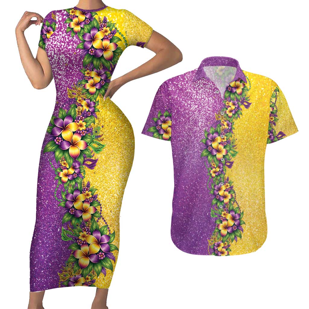 Hawaii Mardi Gras Couples Matching Short Sleeve Bodycon Dress and Hawaiian Shirt Plumeria Lei Beads Glitter Style LT05 Colorful - Polynesian Pride