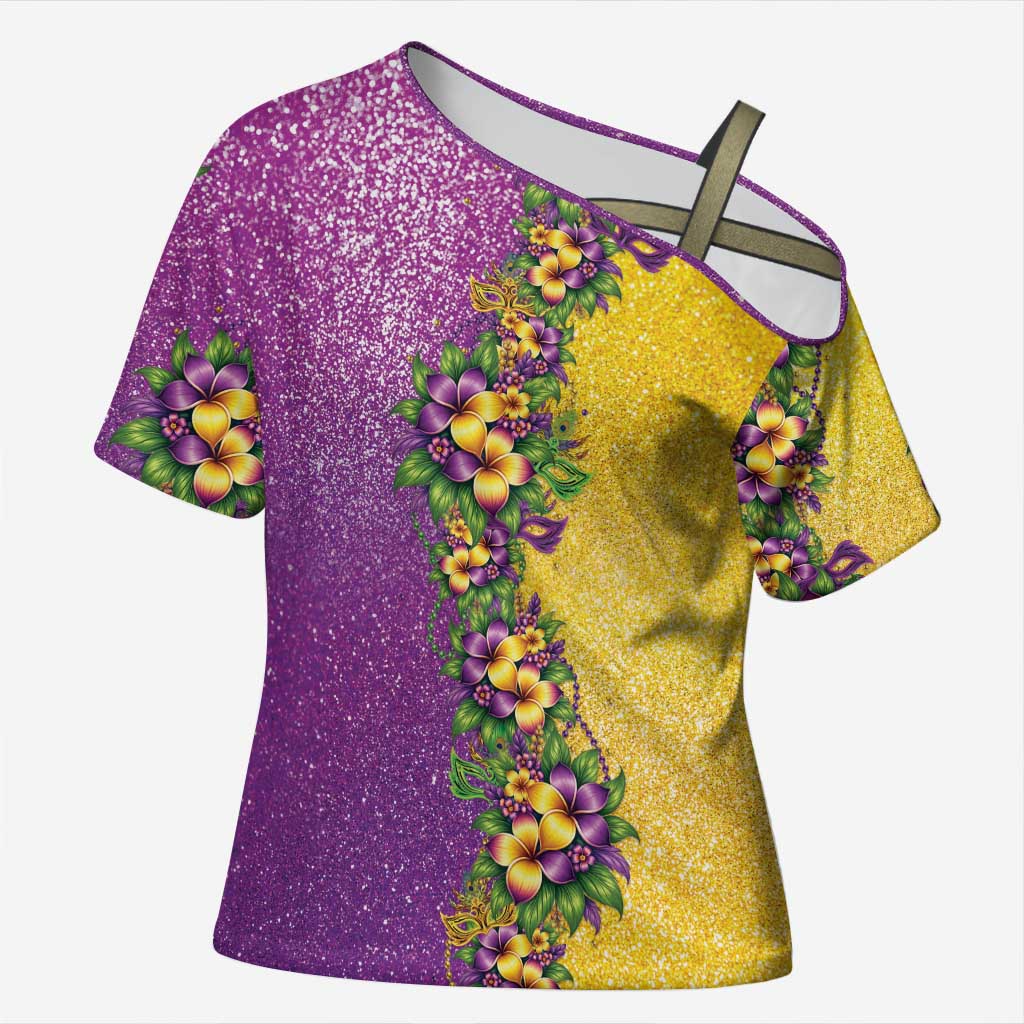 Hawaii Mardi Gras Cross Shoulder Shirt Plumeria Lei Beads Glitter Style LT05 Female Colorful - Polynesian Pride