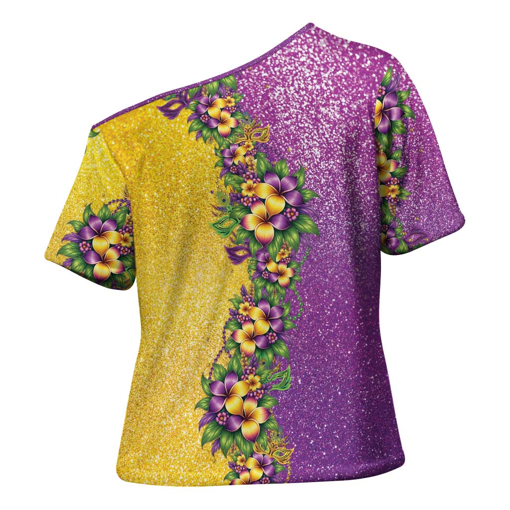 Hawaii Mardi Gras Cross Shoulder Shirt Plumeria Lei Beads Glitter Style LT05 - Polynesian Pride