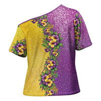 Hawaii Mardi Gras Cross Shoulder Shirt Plumeria Lei Beads Glitter Style LT05 - Polynesian Pride