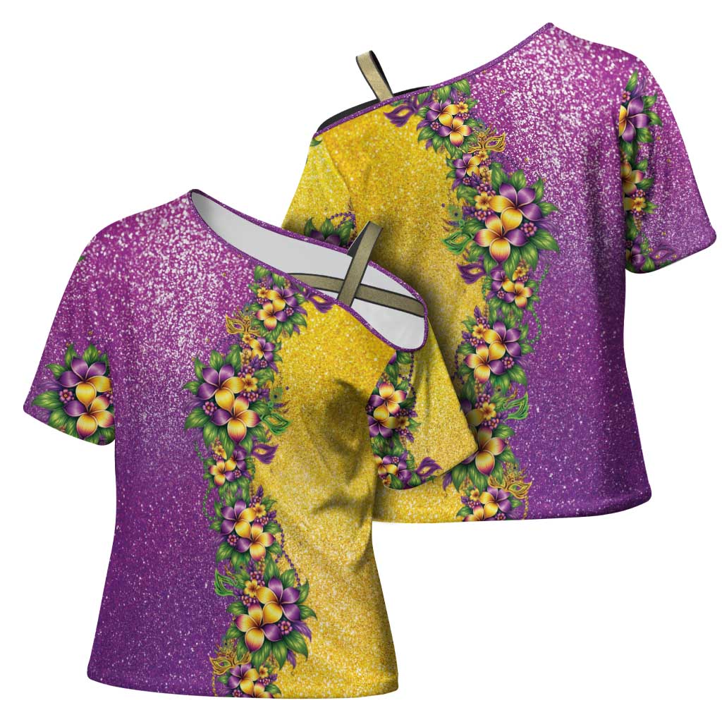 Hawaii Mardi Gras Cross Shoulder Shirt Plumeria Lei Beads Glitter Style LT05 - Polynesian Pride