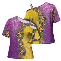 Hawaii Mardi Gras Cross Shoulder Shirt Plumeria Lei Beads Glitter Style LT05 - Polynesian Pride