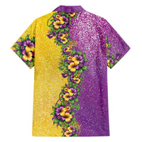 Hawaii Mardi Gras Family Matching Long Sleeve Bodycon Dress and Hawaiian Shirt Plumeria Lei Beads Glitter Style
