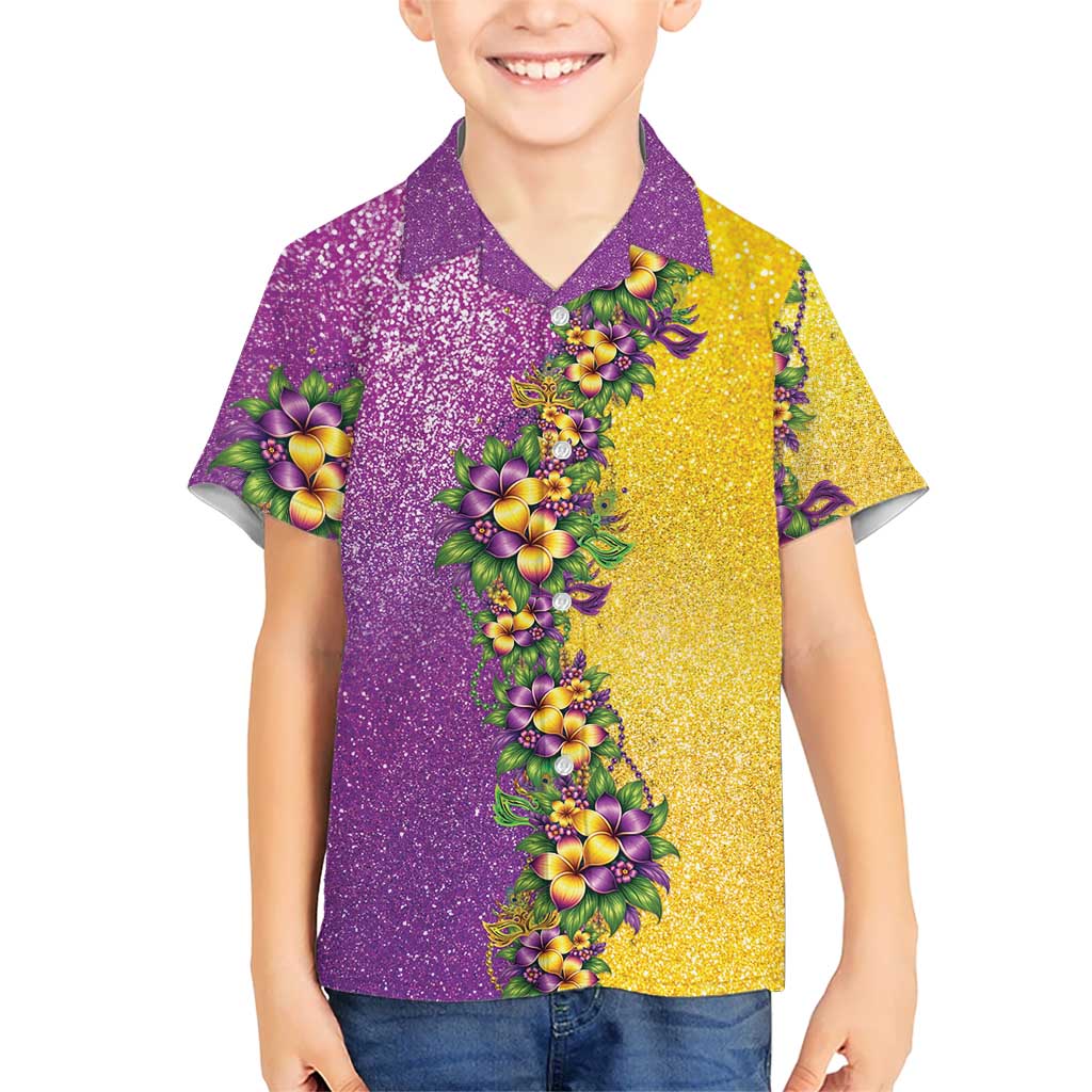 Hawaii Mardi Gras Family Matching Long Sleeve Bodycon Dress and Hawaiian Shirt Plumeria Lei Beads Glitter Style