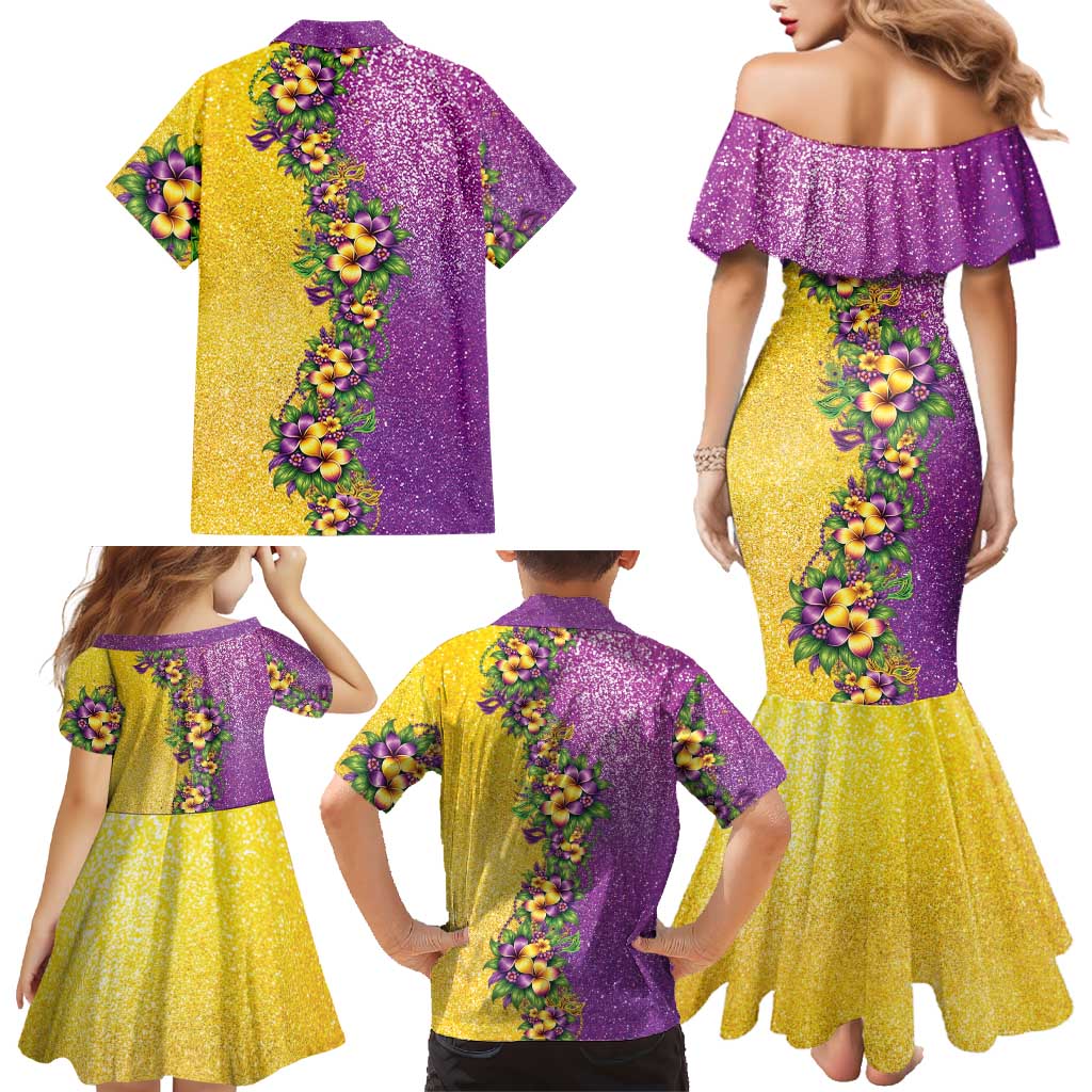 Hawaii Mardi Gras Family Matching Mermaid Dress and Hawaiian Shirt Plumeria Lei Beads Glitter Style