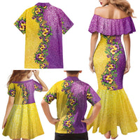 Hawaii Mardi Gras Family Matching Mermaid Dress and Hawaiian Shirt Plumeria Lei Beads Glitter Style