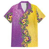 Hawaii Mardi Gras Family Matching Off Shoulder Short Dress and Hawaiian Shirt Plumeria Lei Beads Glitter Style