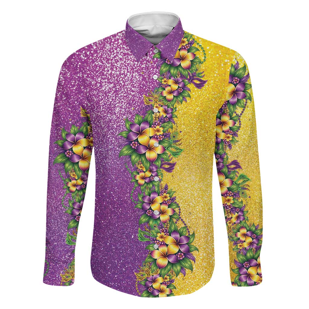 Hawaii Mardi Gras Family Matching Off Shoulder Short Dress and Hawaiian Shirt Plumeria Lei Beads Glitter Style
