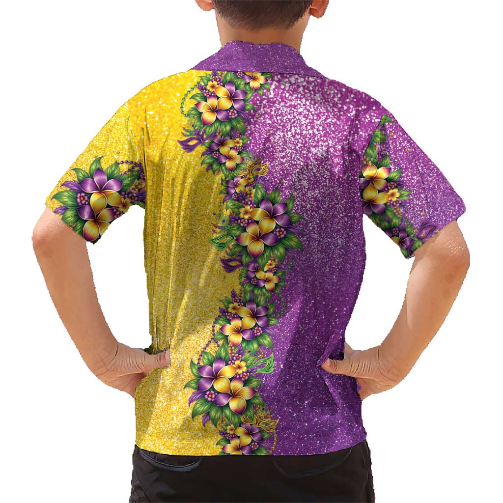 Hawaii Mardi Gras Family Matching Short Sleeve Bodycon Dress and Hawaiian Shirt Plumeria Lei Beads Glitter Style