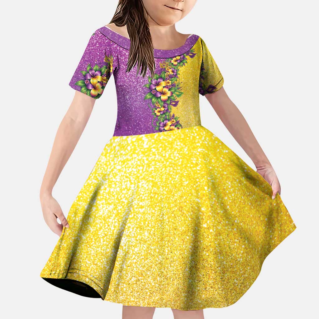 Hawaii Mardi Gras Family Matching Short Sleeve Bodycon Dress and Hawaiian Shirt Plumeria Lei Beads Glitter Style