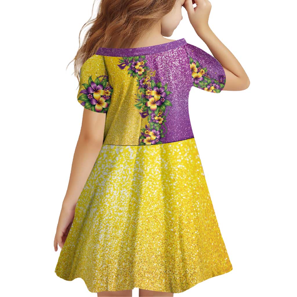 Hawaii Mardi Gras Family Matching Short Sleeve Bodycon Dress and Hawaiian Shirt Plumeria Lei Beads Glitter Style