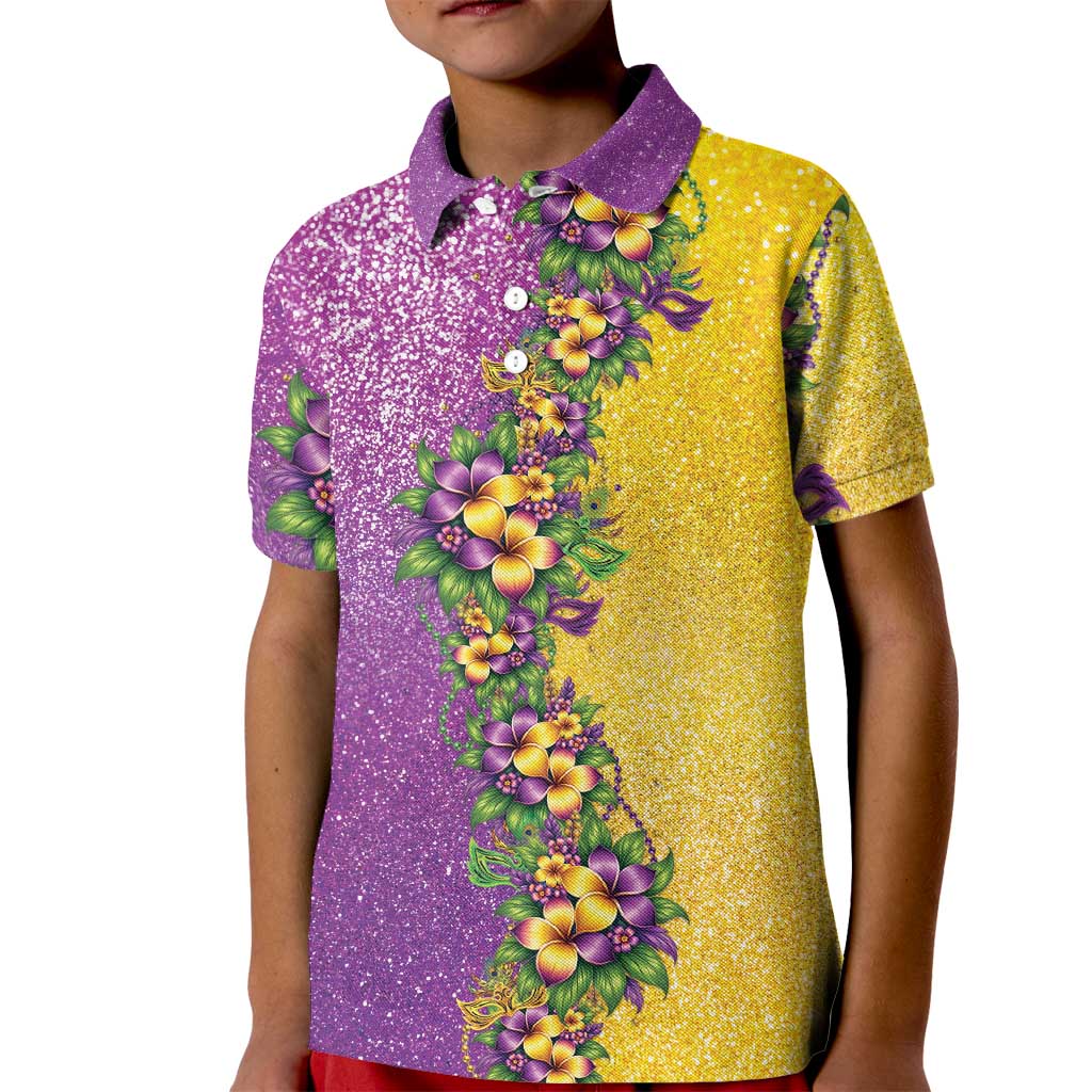 Hawaii Mardi Gras Kid Polo Shirt Plumeria Lei Beads Glitter Style LT05 Kid Colorful - Polynesian Pride