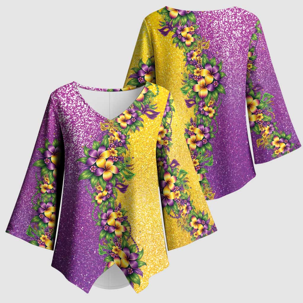 Hawaii Mardi Gras Kimono Sleeve Blouse Plumeria Lei Beads Glitter Style