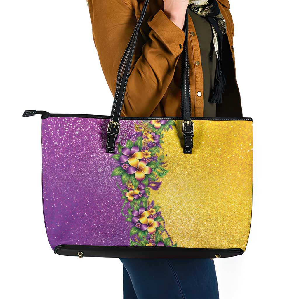 Hawaii Mardi Gras Leather Tote Bag Plumeria Lei Beads Glitter Style LT05 - Polynesian Pride