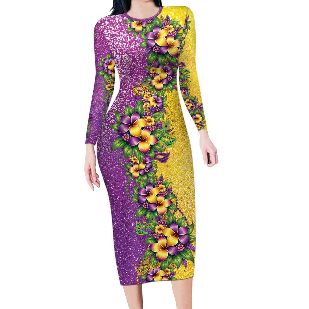 Hawaii Mardi Gras Long Sleeve Bodycon Dress Plumeria Lei Beads Glitter Style LT05 Long Dress Colorful - Polynesian Pride