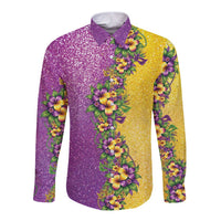 Hawaii Mardi Gras Long Sleeve Button Shirt Plumeria Lei Beads Glitter Style LT05 Unisex Colorful - Polynesian Pride