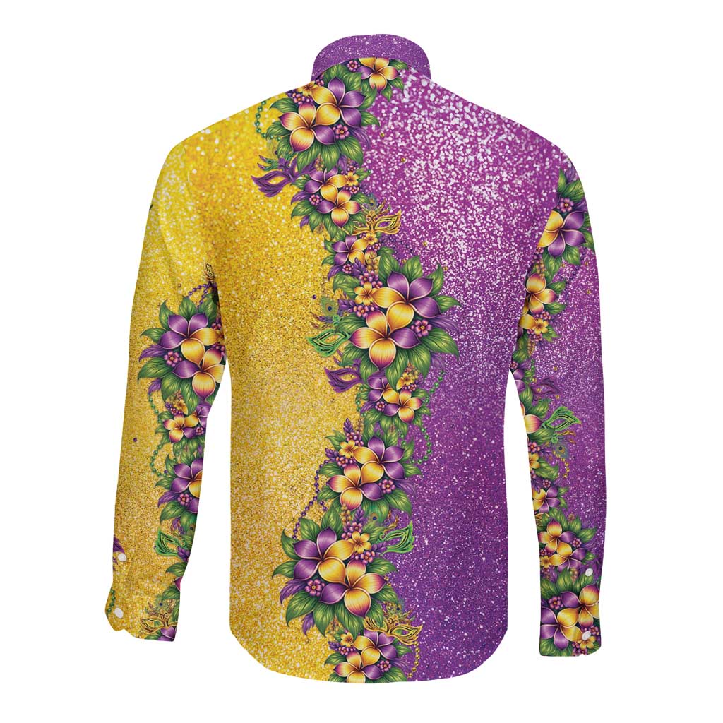 Hawaii Mardi Gras Long Sleeve Button Shirt Plumeria Lei Beads Glitter Style LT05 - Polynesian Pride