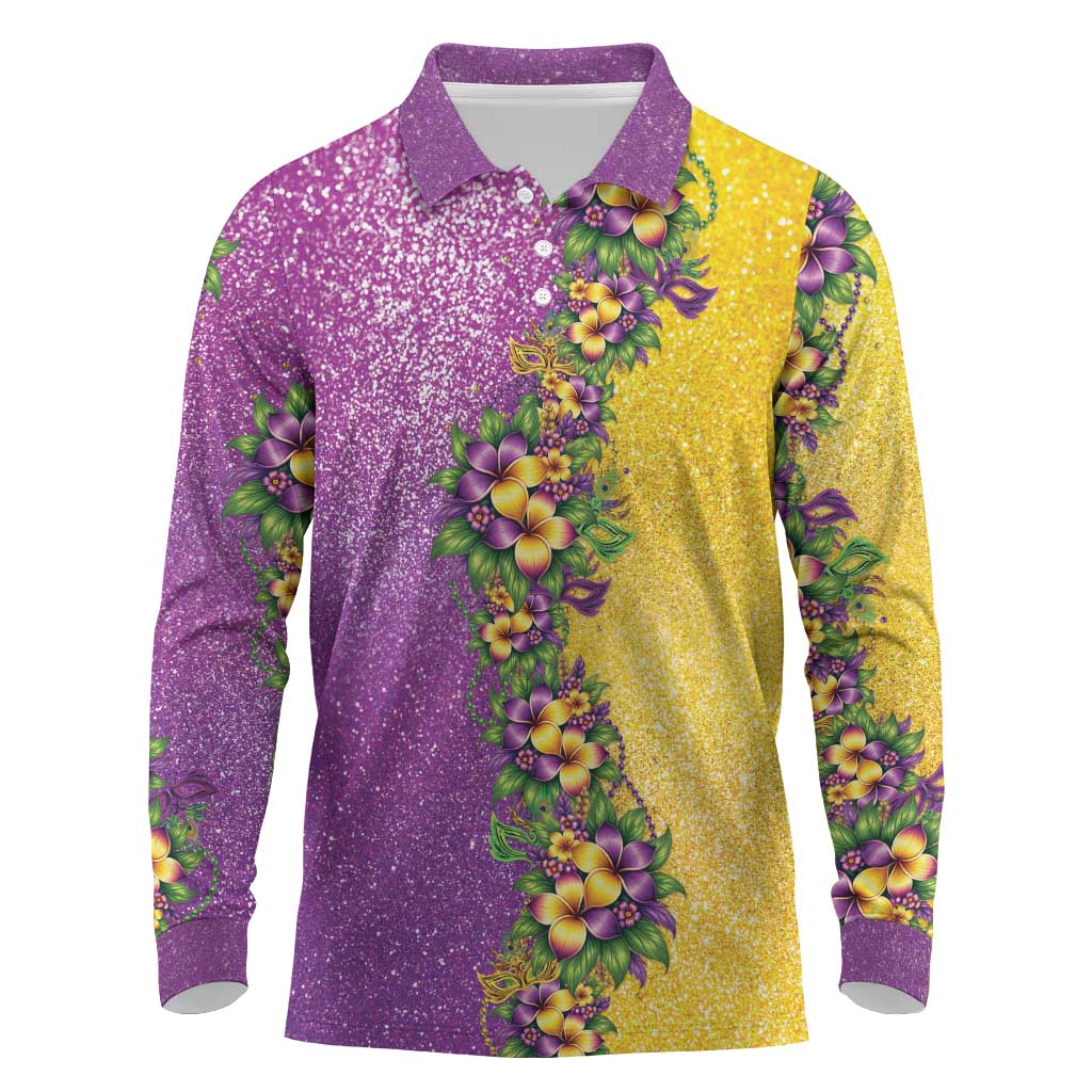 Hawaii Mardi Gras Long Sleeve Polo Shirt Plumeria Lei Beads Glitter Style LT05 Colorful - Polynesian Pride