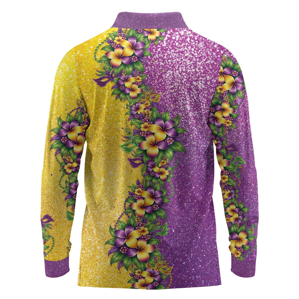 Hawaii Mardi Gras Long Sleeve Polo Shirt Plumeria Lei Beads Glitter Style LT05 - Polynesian Pride