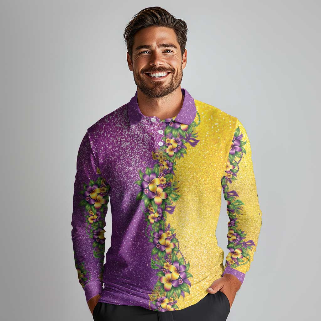 Hawaii Mardi Gras Long Sleeve Polo Shirt Plumeria Lei Beads Glitter Style LT05 - Polynesian Pride