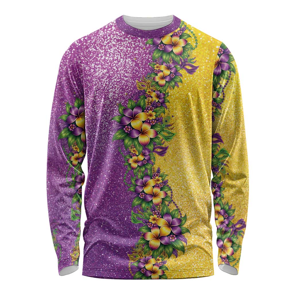 Hawaii Mardi Gras Long Sleeve Shirt Plumeria Lei Beads Glitter Style LT05 Unisex Colorful - Polynesian Pride