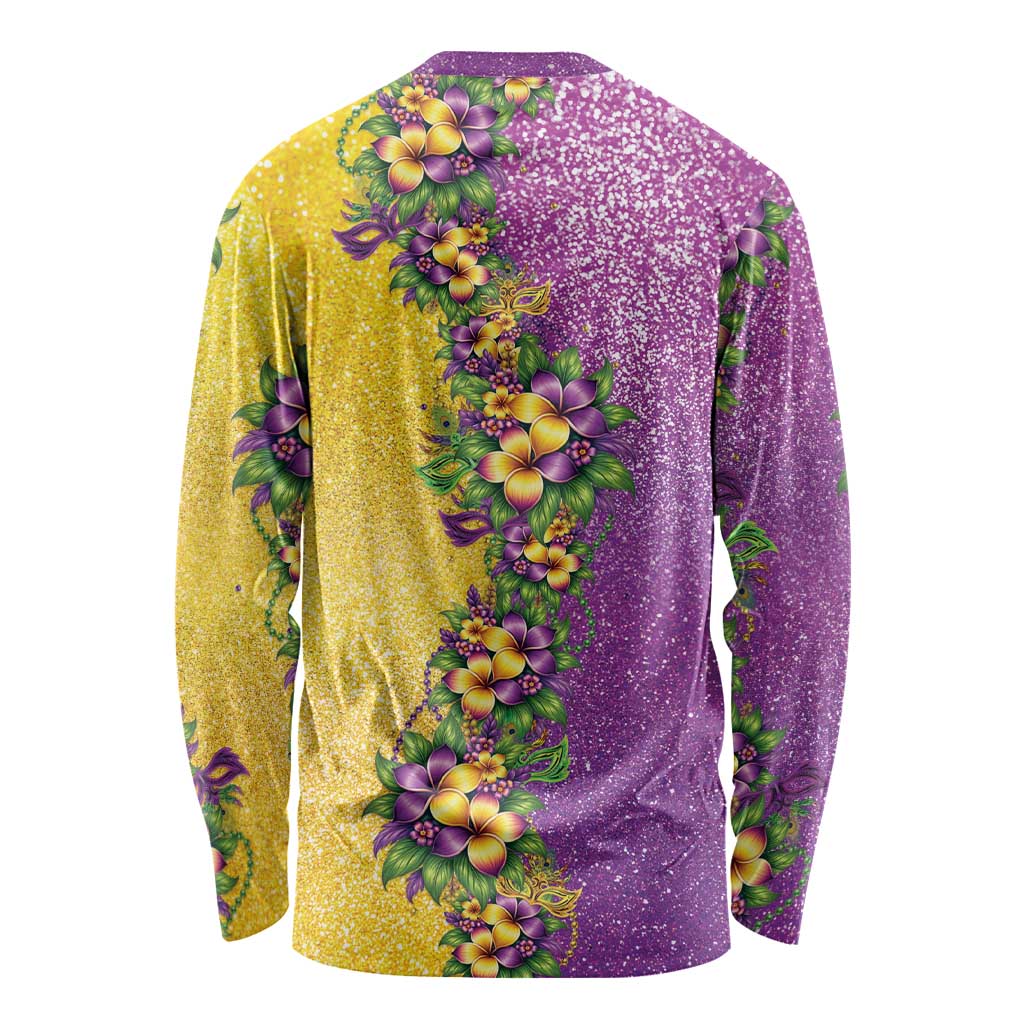 Hawaii Mardi Gras Long Sleeve Shirt Plumeria Lei Beads Glitter Style LT05 - Polynesian Pride