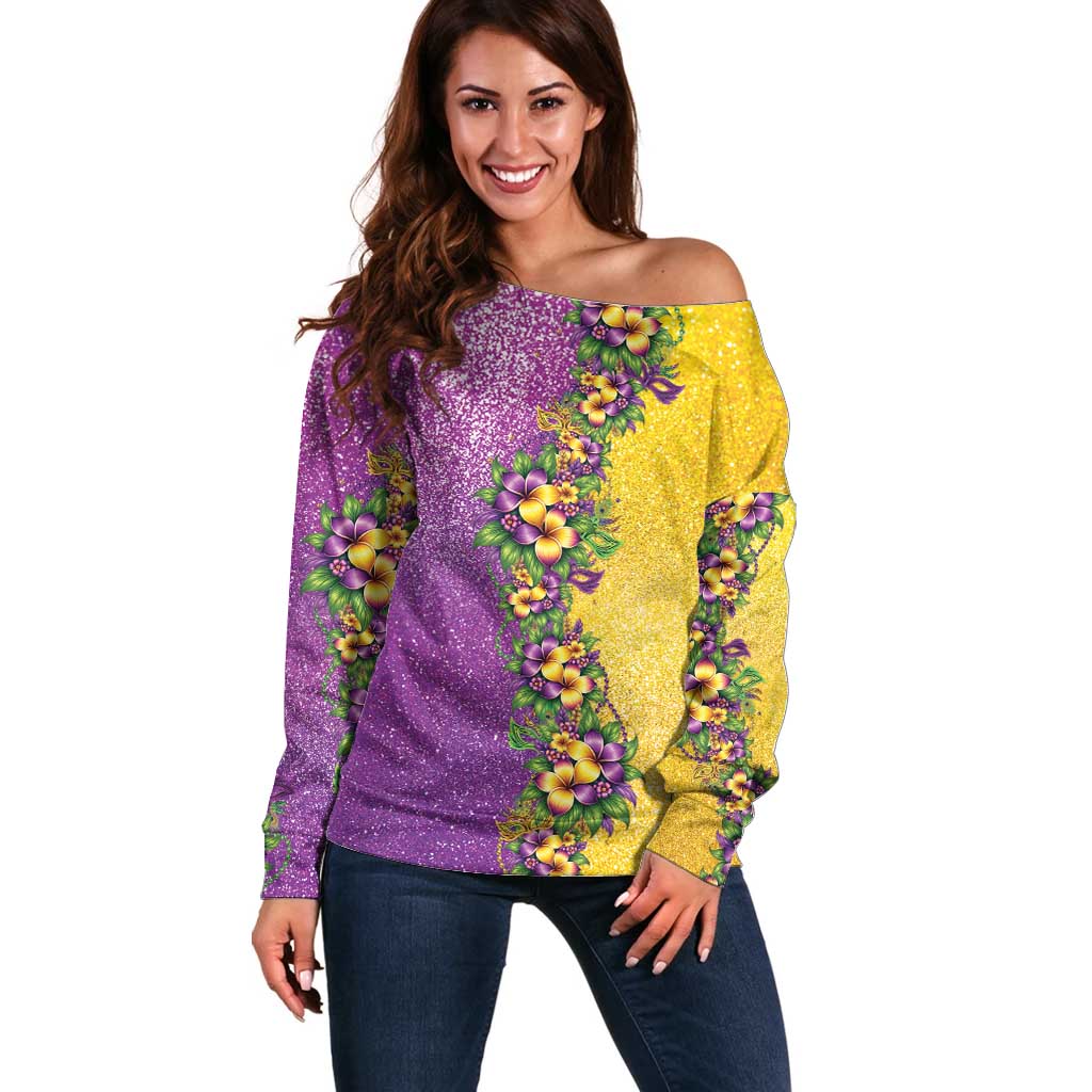 Hawaii Mardi Gras Off Shoulder Sweater Plumeria Lei Beads Glitter Style LT05 Women Colorful - Polynesian Pride