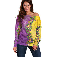 Hawaii Mardi Gras Off Shoulder Sweater Plumeria Lei Beads Glitter Style LT05 Women Colorful - Polynesian Pride