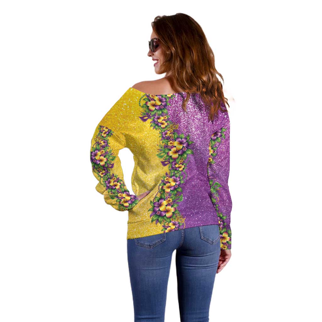 Hawaii Mardi Gras Off Shoulder Sweater Plumeria Lei Beads Glitter Style LT05 - Polynesian Pride
