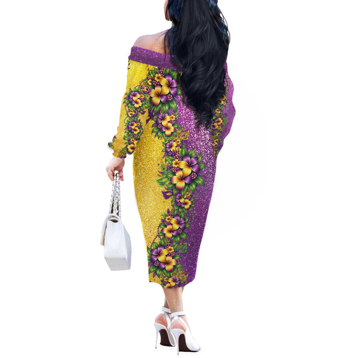 Hawaii Mardi Gras Off The Shoulder Long Sleeve Dress Plumeria Lei Beads Glitter Style LT05 - Polynesian Pride