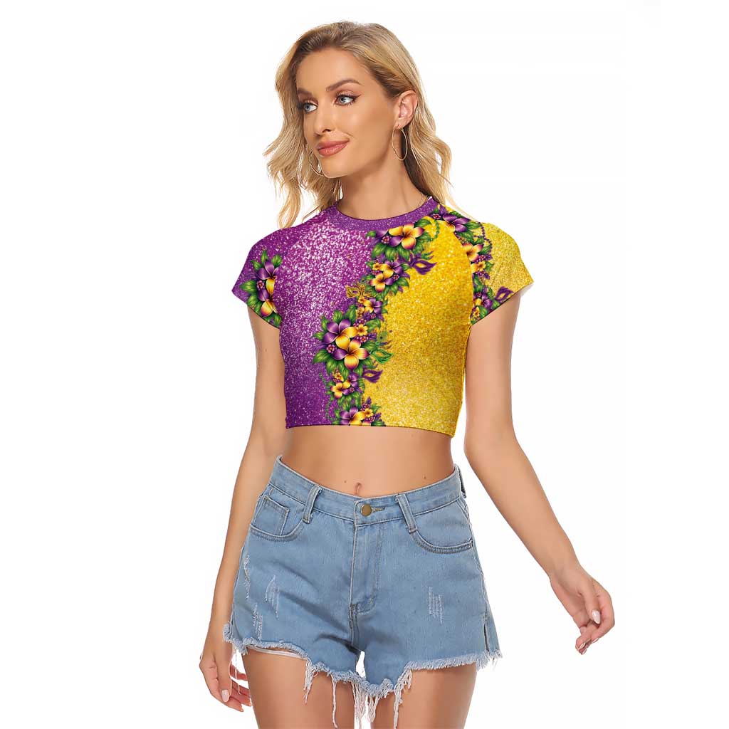 Hawaii Mardi Gras Raglan Cropped T Shirt Plumeria Lei Beads Glitter Style LT05 Female Colorful - Polynesian Pride