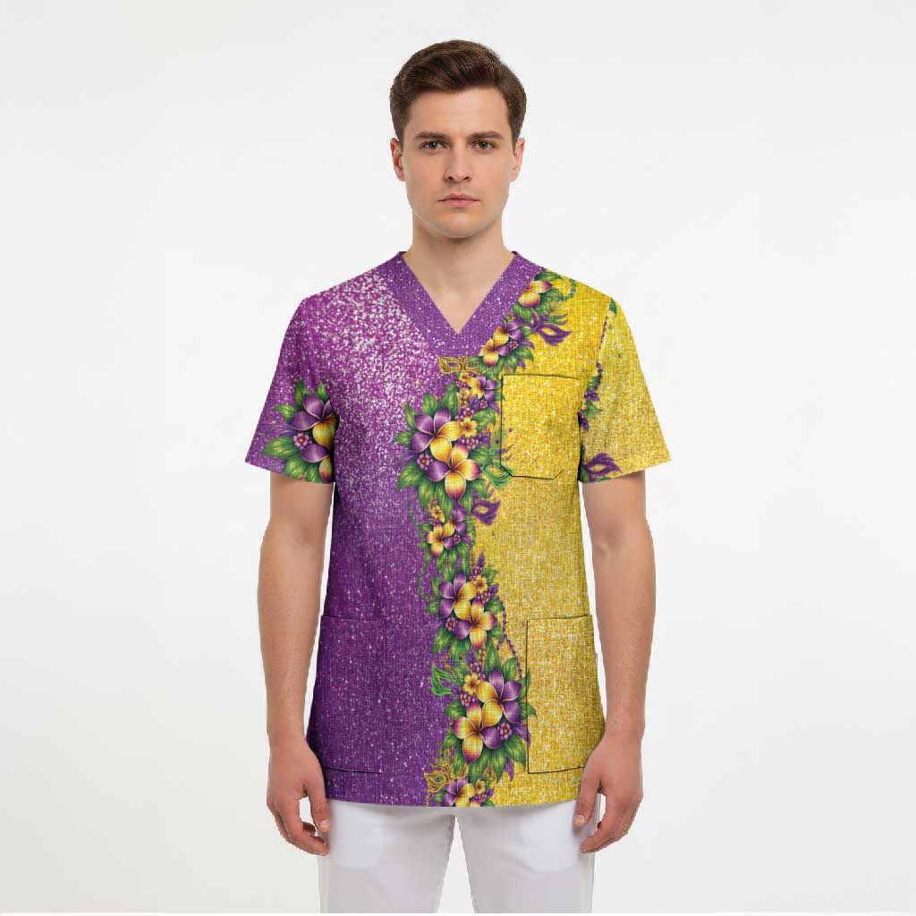 Hawaii Mardi Gras Scrub Top Plumeria Lei Beads Glitter Style LT05 - Polynesian Pride