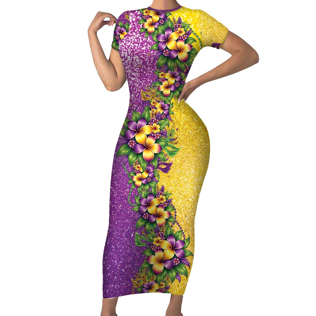 Hawaii Mardi Gras Short Sleeve Bodycon Dress Plumeria Lei Beads Glitter Style LT05 Long Dress Colorful - Polynesian Pride